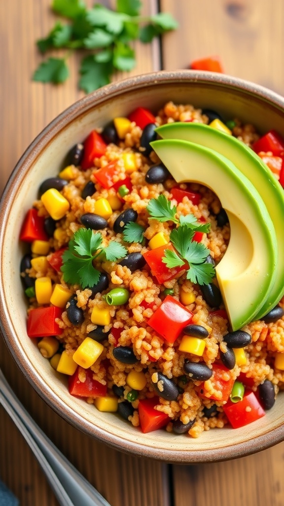 A colorful bowl of Mexican quinoa with bell peppers, corn, black beans, garnished with cilantro and avocado, on a wooden table.